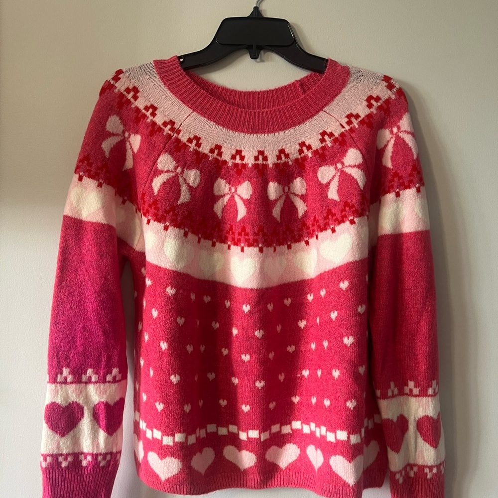 CeCe Pink and White Fair Isle Crew Neck Sweater